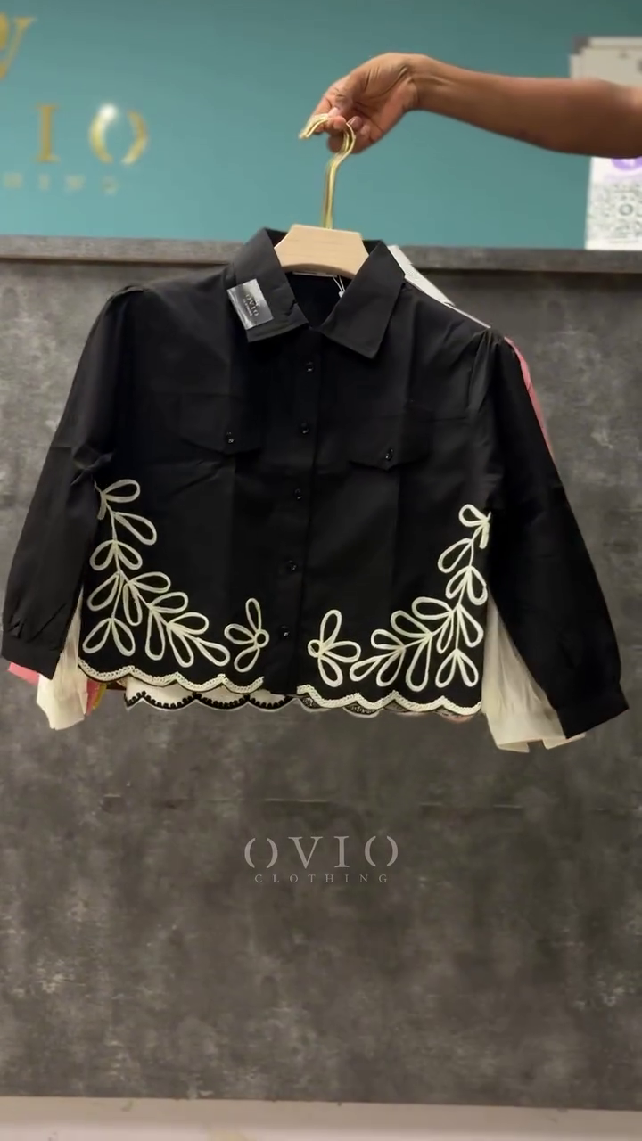 ๐ค Luxury Black Embroidered Crop Shirt โ Signature Collection | Elegant Button-Down with Floral Detailing & Scalloped Hemline
