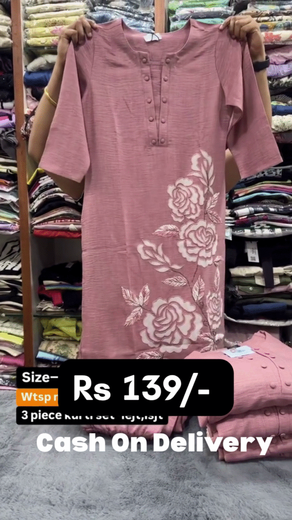 🌹 Elegant Rose Pink 3-Piece Kurti Set with Intricate White Floral Embroidery🌹 - Image 4
