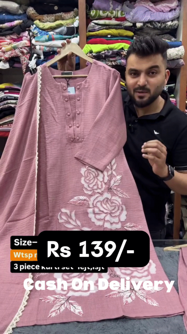 🌹 Elegant Rose Pink 3-Piece Kurti Set with Intricate White Floral Embroidery🌹
