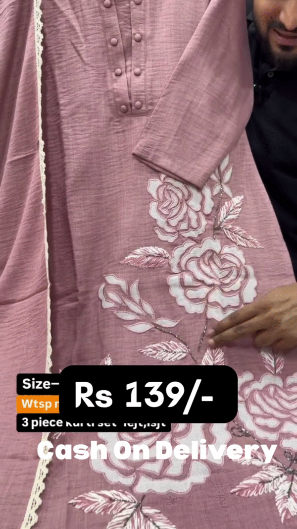 🌹 Elegant Rose Pink 3-Piece Kurti Set with Intricate White Floral Embroidery🌹 - Image 3
