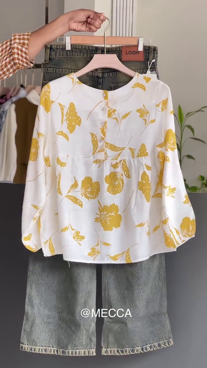 🌼“Sunshine Muse Mustard Floral Peplum Top with Olive Denim”