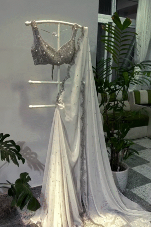 Silver Crystal Hand-Embroidered Blouse and Pure White Net Saree Set with Stone Studded Border