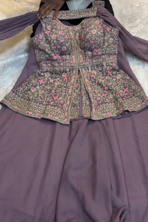 Lavender Mauve Heavy Embroidered Peplum Kurti and Skirt Set with Fine Zari and Sequin Floral Work