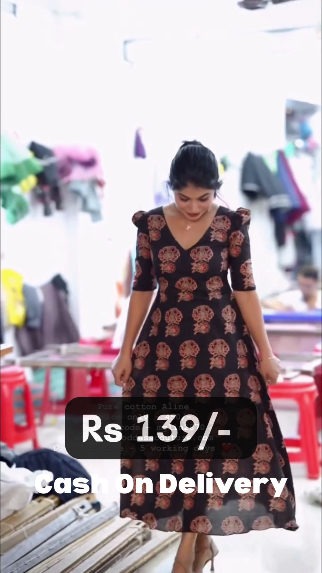 Elegant Pure Cotton A-Line Printed Red Dress with Vintage Floral Pattern - Image 2