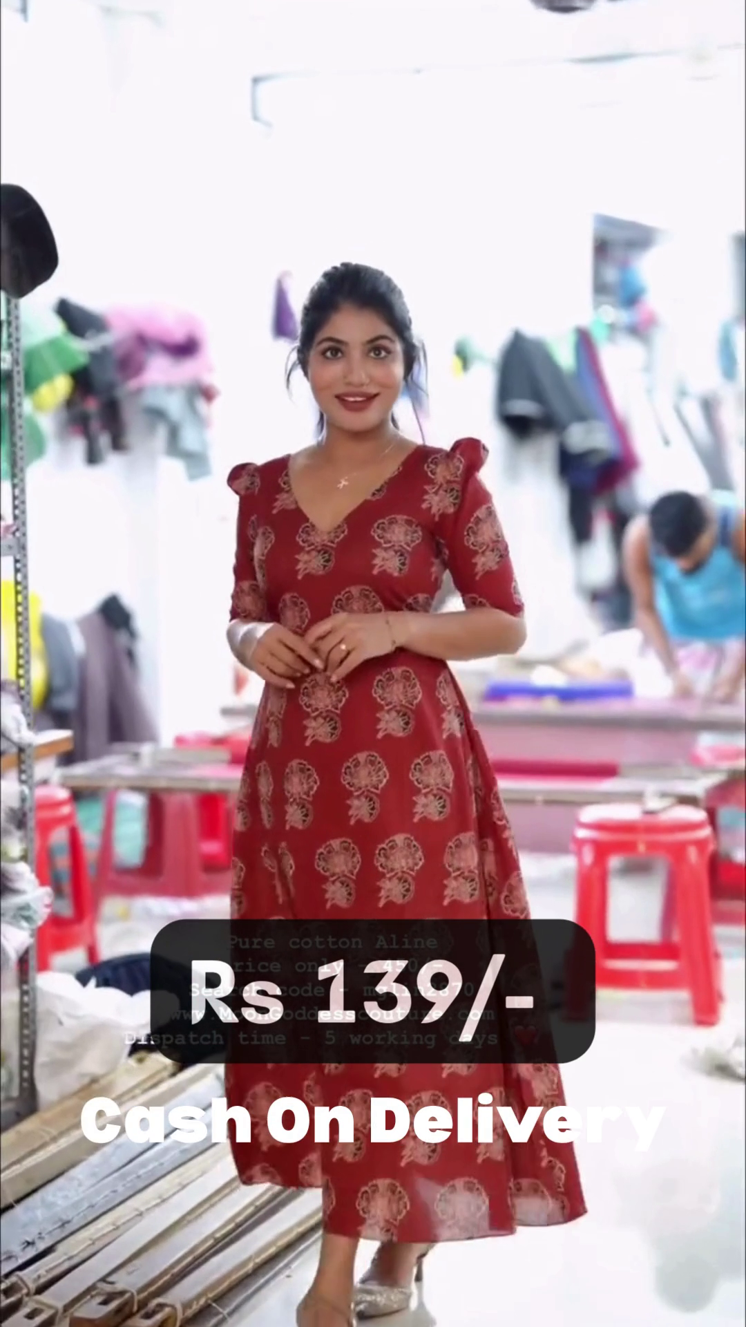 Elegant Pure Cotton A-Line Printed Red Dress with Vintage Floral Pattern