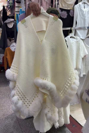 Elegant Hand-Knit Open Cape With Plush Faux Fur Trim – Winter Glam Collection