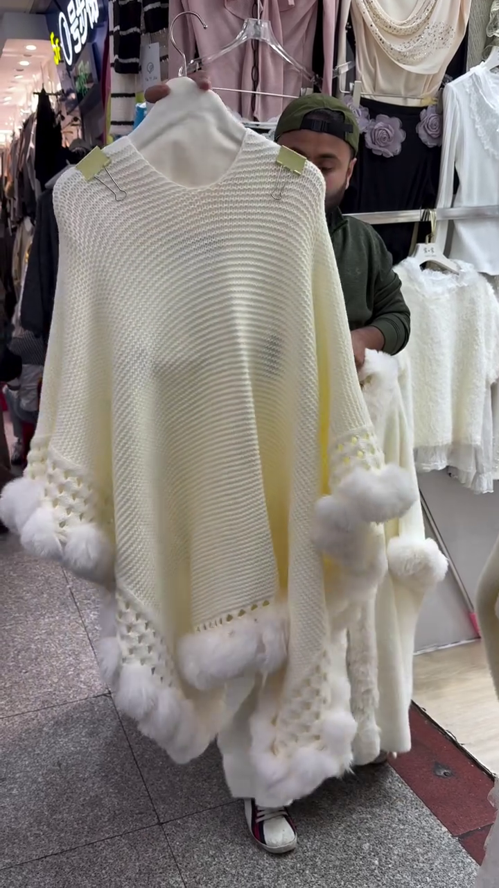 Elegant Hand-Knit Open Cape With Plush Faux Fur Trim – Winter Glam Collection - Image 2