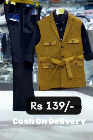 Stylish Mustard Sleeveless Jacket, Black Shirt & Pants Formal Combo for Boys