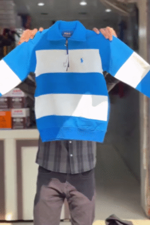 💙Modern Cotton Rugby Polo Sweatshirt with Broad Blue and White Stripes & Half Zip Front – Casual Sporty Boys’ Winter Top