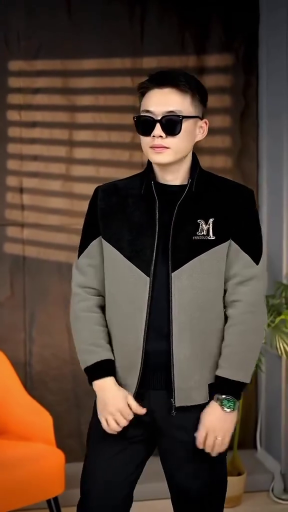 🖤🤍Black & Grey Chevron Yoke Zipper Bomber Jacket – Timeless Style Statement for Smart Casual & Urban Looks - Image 3