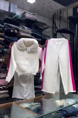 ๐ "Contemporary Pure White Fleece Tracksuit Set with Vibrant Neon Pink Racing Stripes and Fluffy Oversized Collar for Sleek Comfort Lovers" ๐