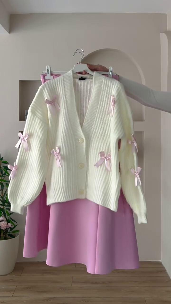 ๐ "Classic Romantic Ribbed Pearl Off-White Cardigan Embellished with Vintage Brown Bows for Lovers of Soft Feminine Dreamy Outfits" ๐โ - Image 4