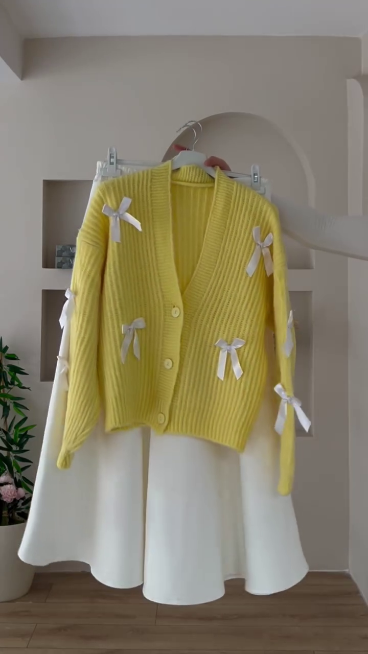 ๐ "Classic Romantic Ribbed Pearl Off-White Cardigan Embellished with Vintage Brown Bows for Lovers of Soft Feminine Dreamy Outfits" ๐โ - Image 3