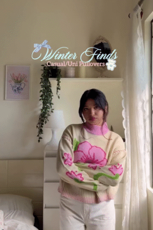 💐 "Winter Garden Pastel Bloom Velvet Touch Knit Pullover with Oversized Pink Floral Accents for Dreamy Romantic Sweethearts of Cozy Fashion" 💐​