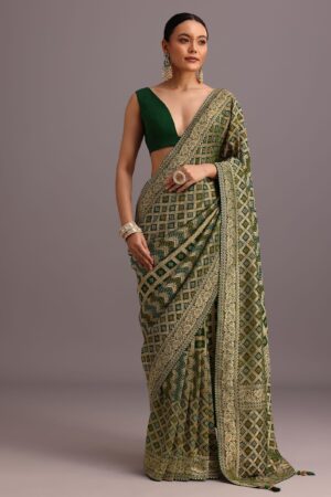 Emerald Green Khaddi Georgette Bandhani Saree with Heavy Zari Border 💚