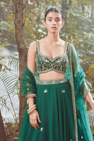 Pine Green Raw Silk Mughal Motif Lehenga