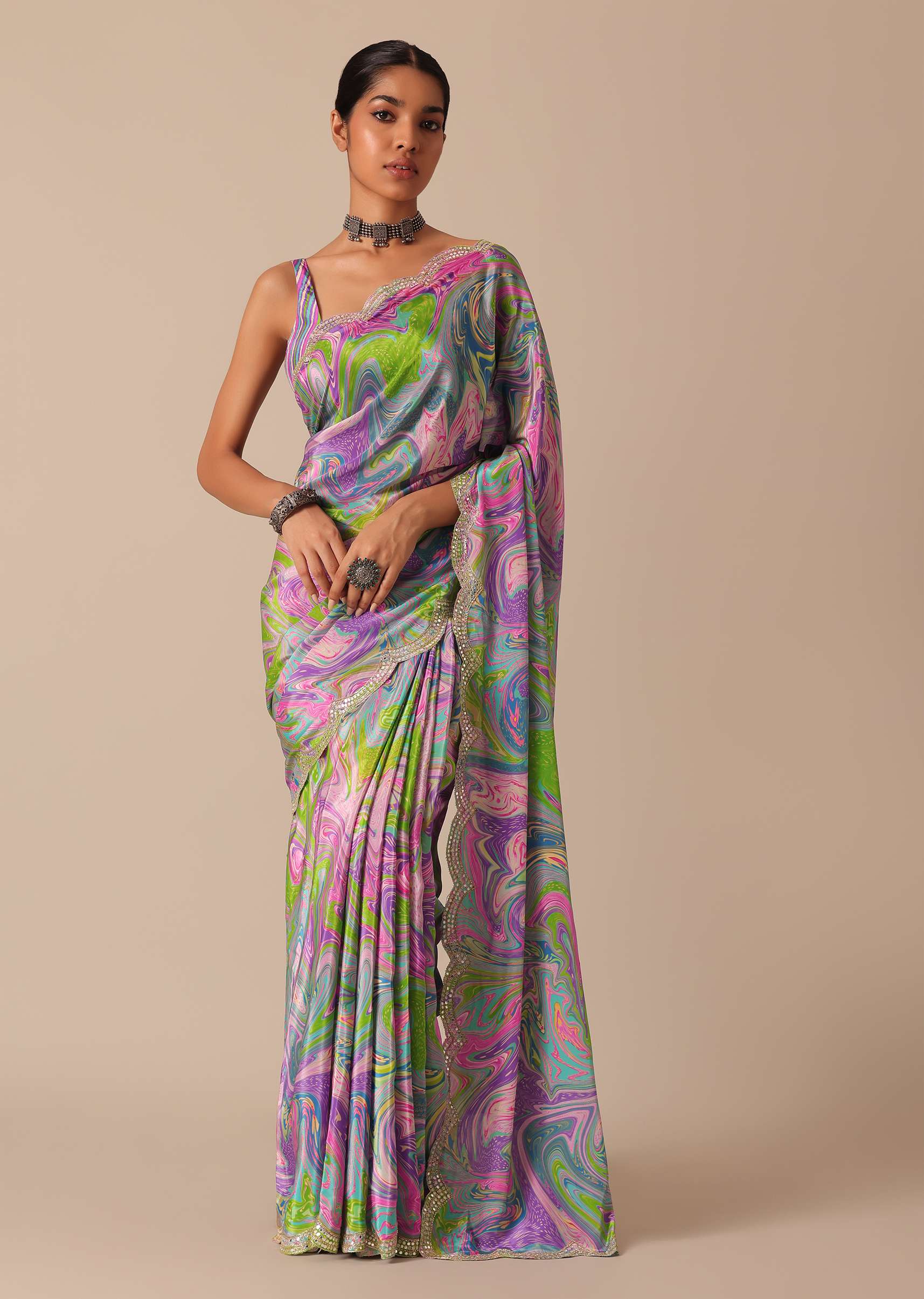Multicolor Marble‑Print Saree with Mirror‑Work Scallop Border 🌈