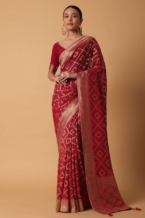 Deep Red Banarasi Georgette Saree with Gold Bandhani Weave & Traditional Border ❤️
