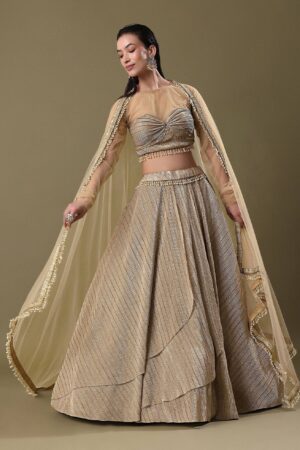 Champagne Gold Metallic Lehenga with Sheer Cape