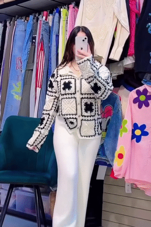 Black & White Crochet Patchwork Button Cardigan with Wide‑Leg Knit Pants 🖤🤍