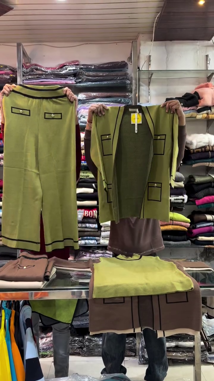 Olive & Brown Contrast Trim Full Sleeve Knit Co‑ord Set with Longline Cardigan 💚🤎