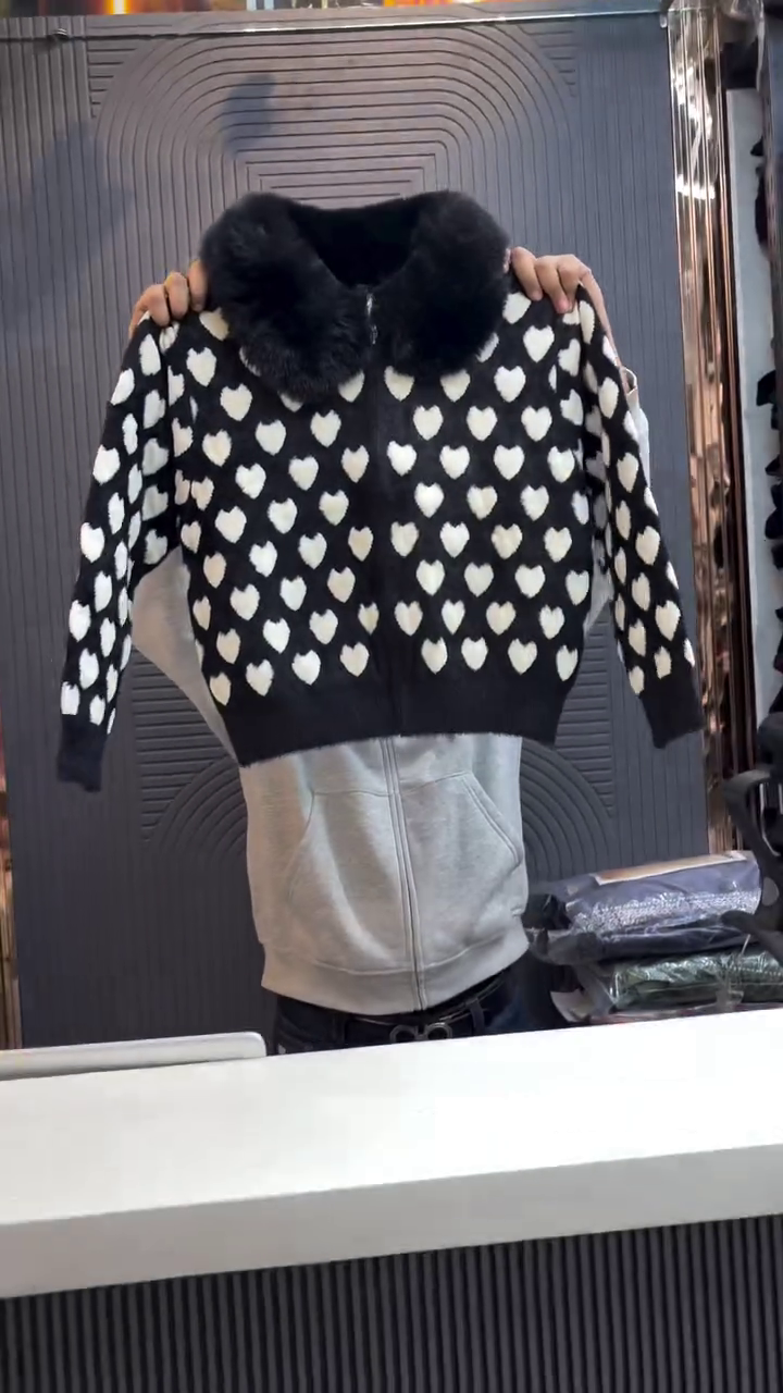 Fluffy Pink Heart Print Zip Cardigan with Faux Fur Collar❄️ - Image 3