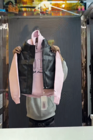  Pink Hoodie with Black Faux Leather Puffer Gilet Layered Winter Street Set 🩷🖤❄️