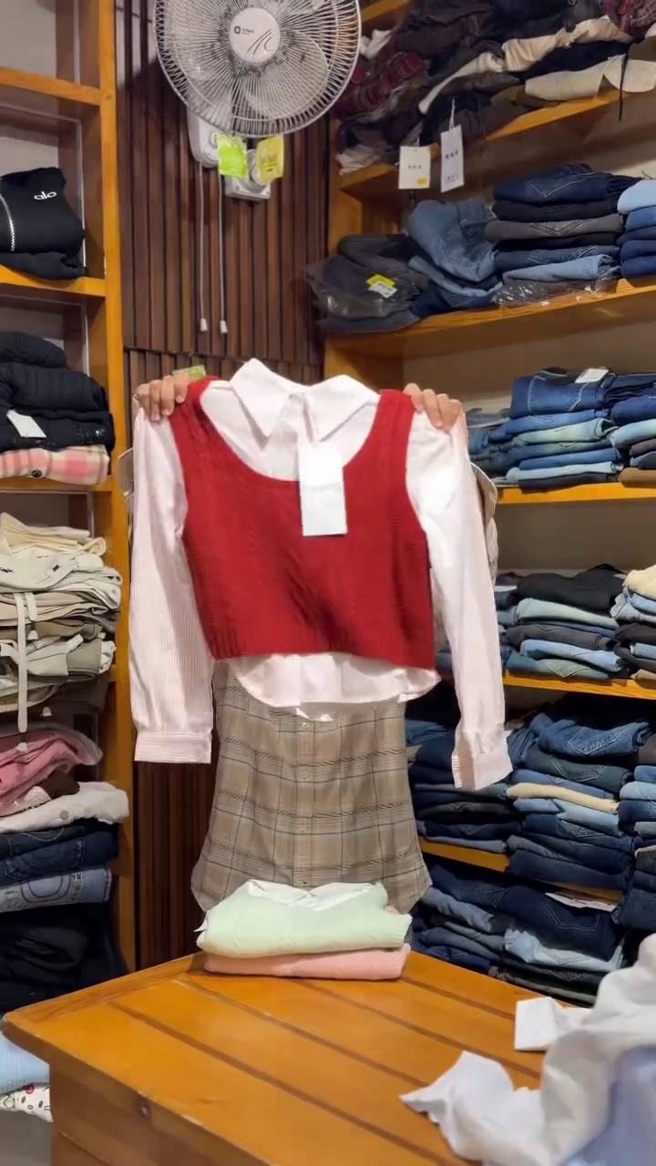 Blue Cable Knit Crop Vest over White Shirt with Plaid Skirt Academic Set 💙🤍 - Image 2