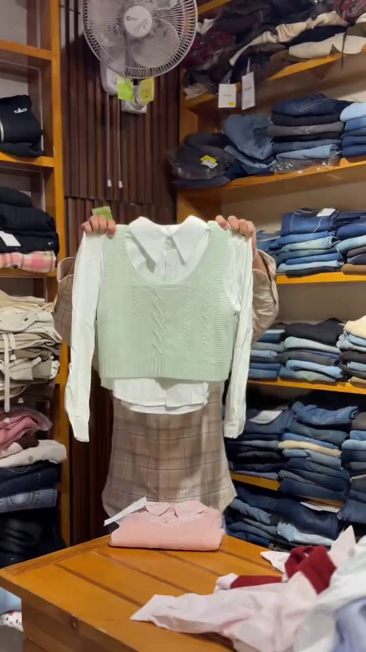 Blue Cable Knit Crop Vest over White Shirt with Plaid Skirt Academic Set 💙🤍 - Image 3