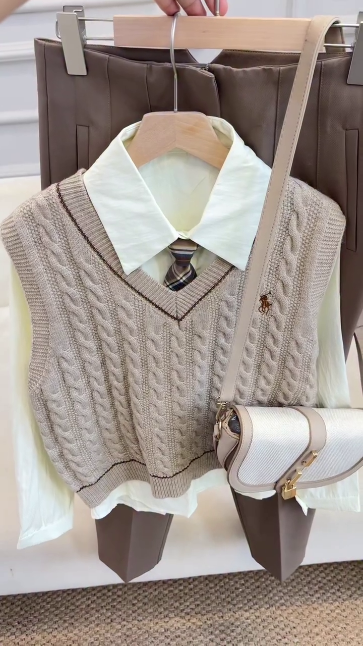 Neutral Cable Knit Sweater Vest, Shirt & Tailored Trouser Preppy Set 🤍🤎👔