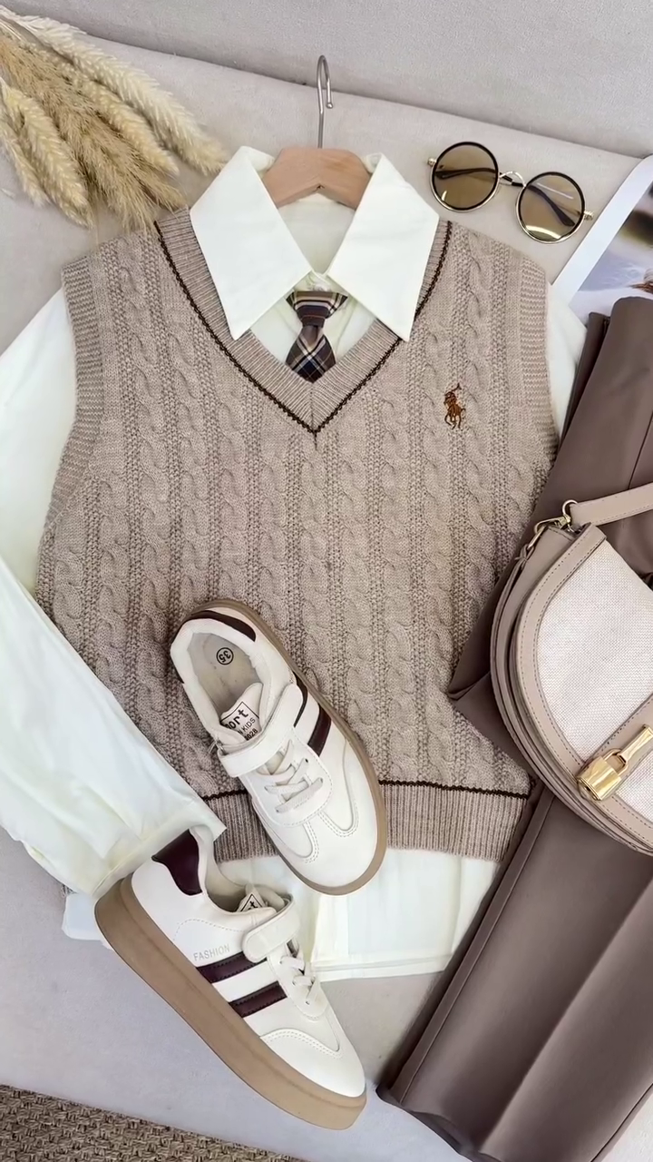 Neutral Cable Knit Sweater Vest, Shirt & Tailored Trouser Preppy Set 🤍🤎👔 - Image 2