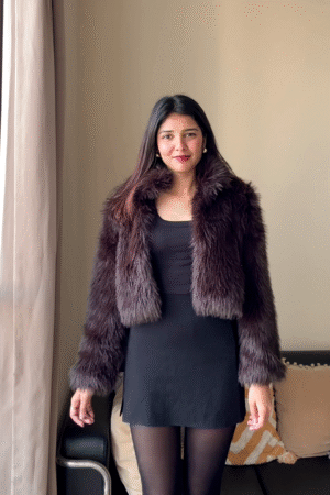 Deep Chocolate Faux Fur Cropped Jacket with Black Bodycon Dress Set 🤎🖤