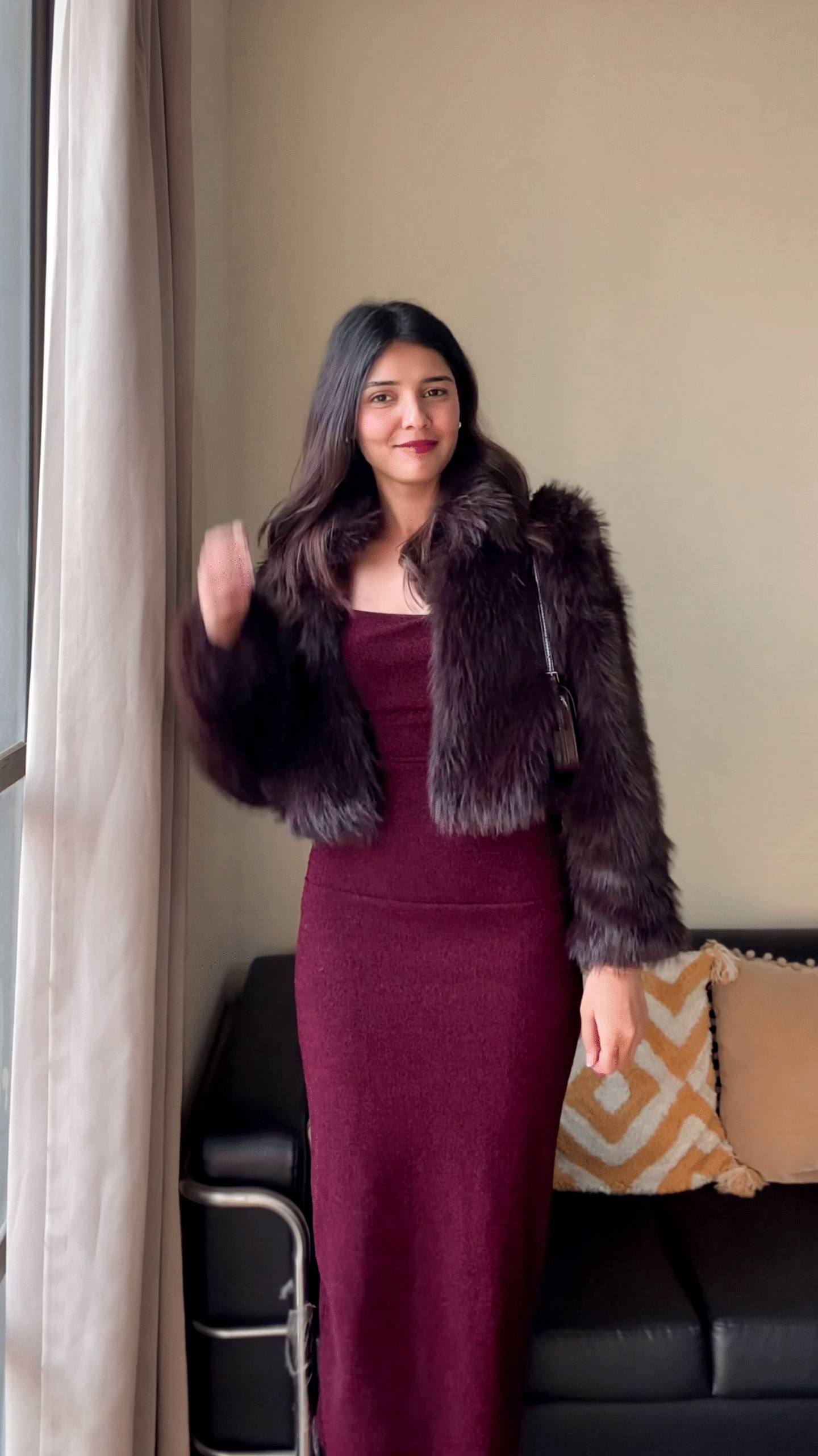 Deep Chocolate Faux Fur Cropped Jacket with Black Bodycon Dress Set 🤎🖤 - Image 3