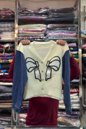 Cream & Denim Blue Big Bow Button‑Down Knit Cardigan 🤍💙🎀