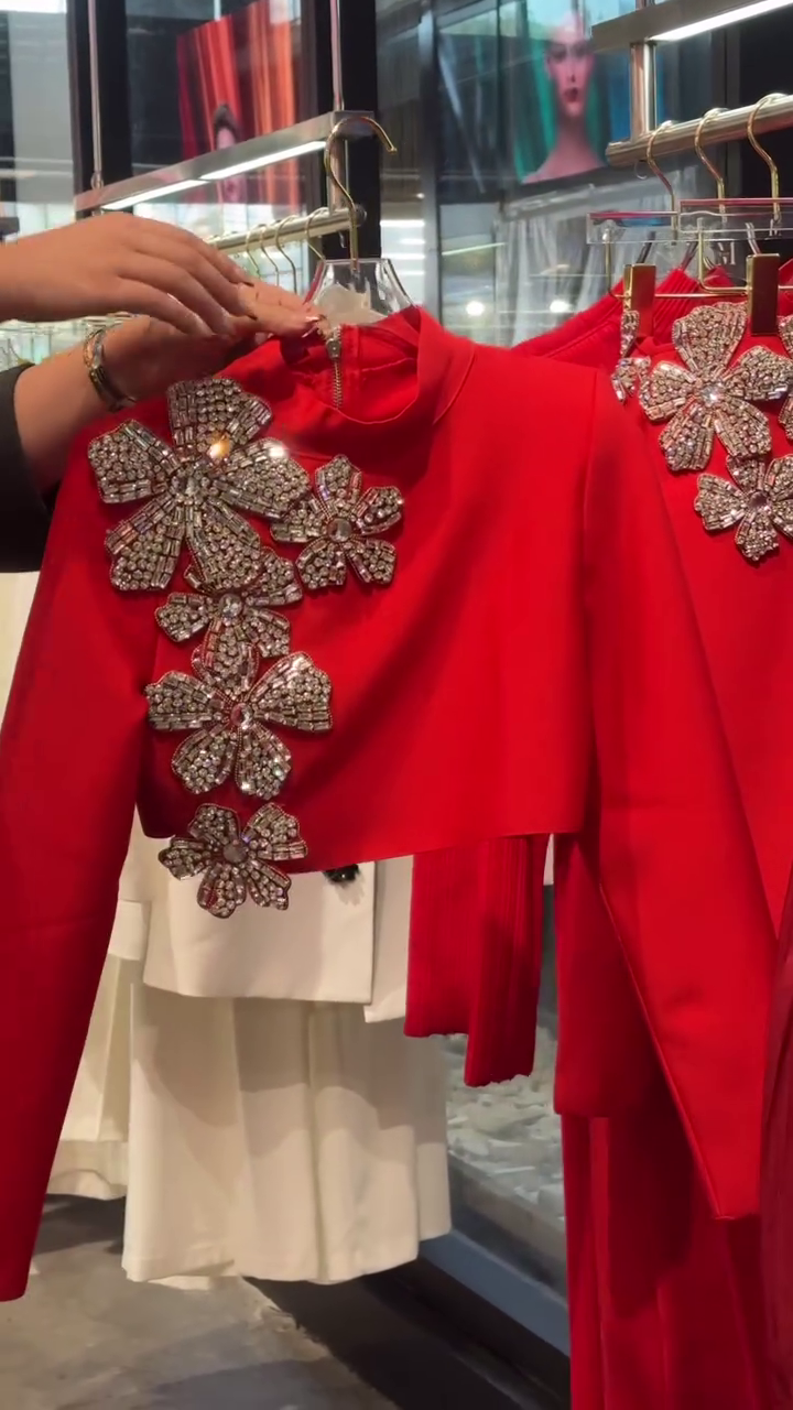 Fiery Red Crystal Floral Embellished Gown with Matching Crop Overlay 🔴🌺✨ - Image 4