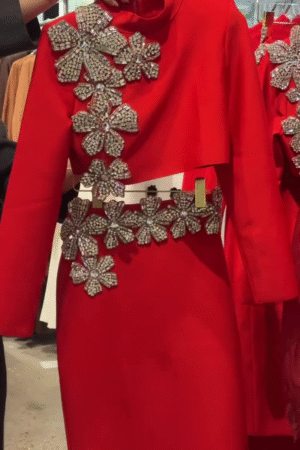  Fiery Red Crystal Floral Embellished Gown with Matching Crop Overlay 🔴🌺✨