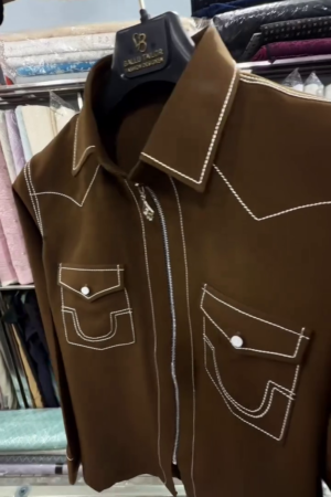 Chestnut Thread Contrast Zip Shirt – A Tailored Canvas of Texture & Craft" 🤎🪡🧵👘🌟