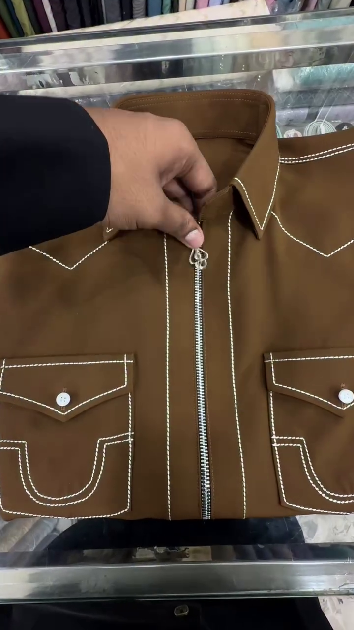 Chestnut Thread Contrast Zip Shirt β A Tailored Canvas of Texture & Craft" π€πͺ‘π§΅ππ - Image 2
