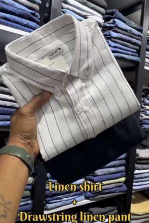 "Striped Breeze Linen Shirt with Midnight Drawstring Trousers – A Whisper of Summer Sophistication" 🤍🖤🌬️👖🌞