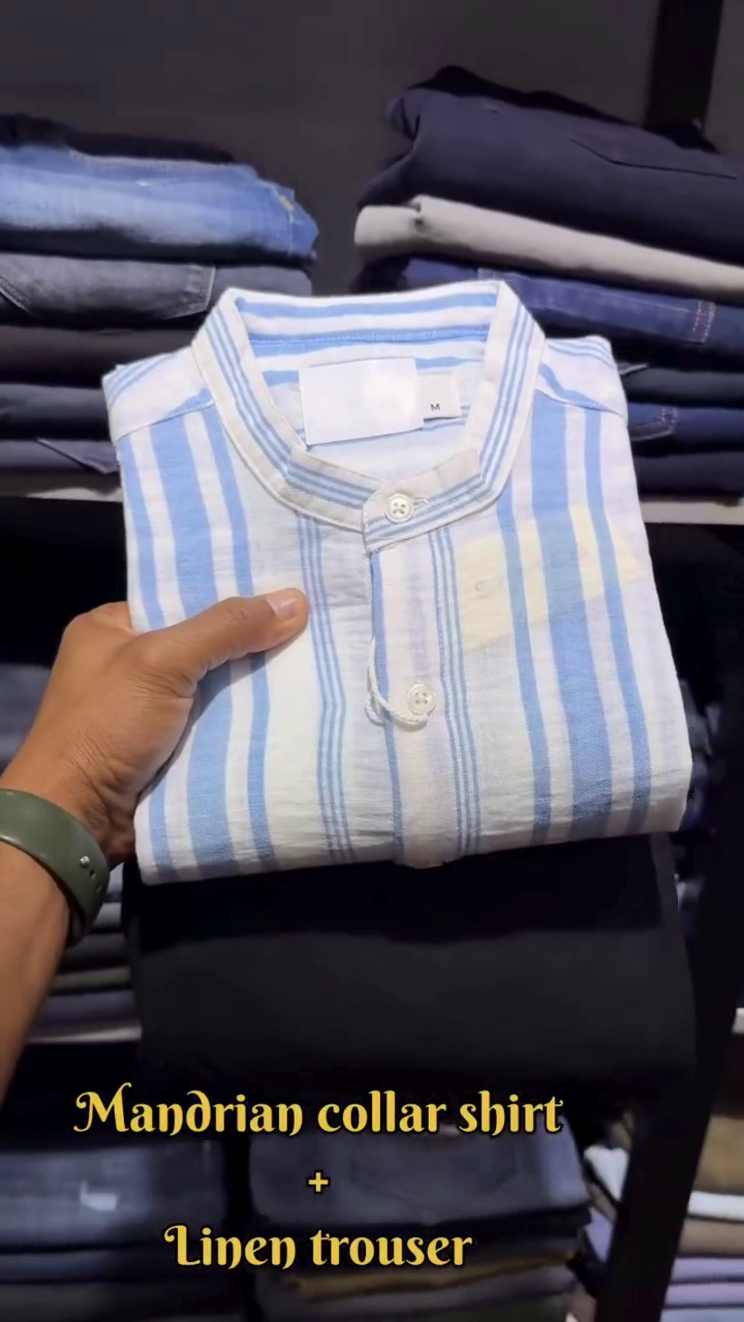 "Mandarin Stripe Harmony Shirt with Ivory Linen Trousers β A Fusion of Tradition & Modern Ease" β€οΈπ€πππ - Image 2