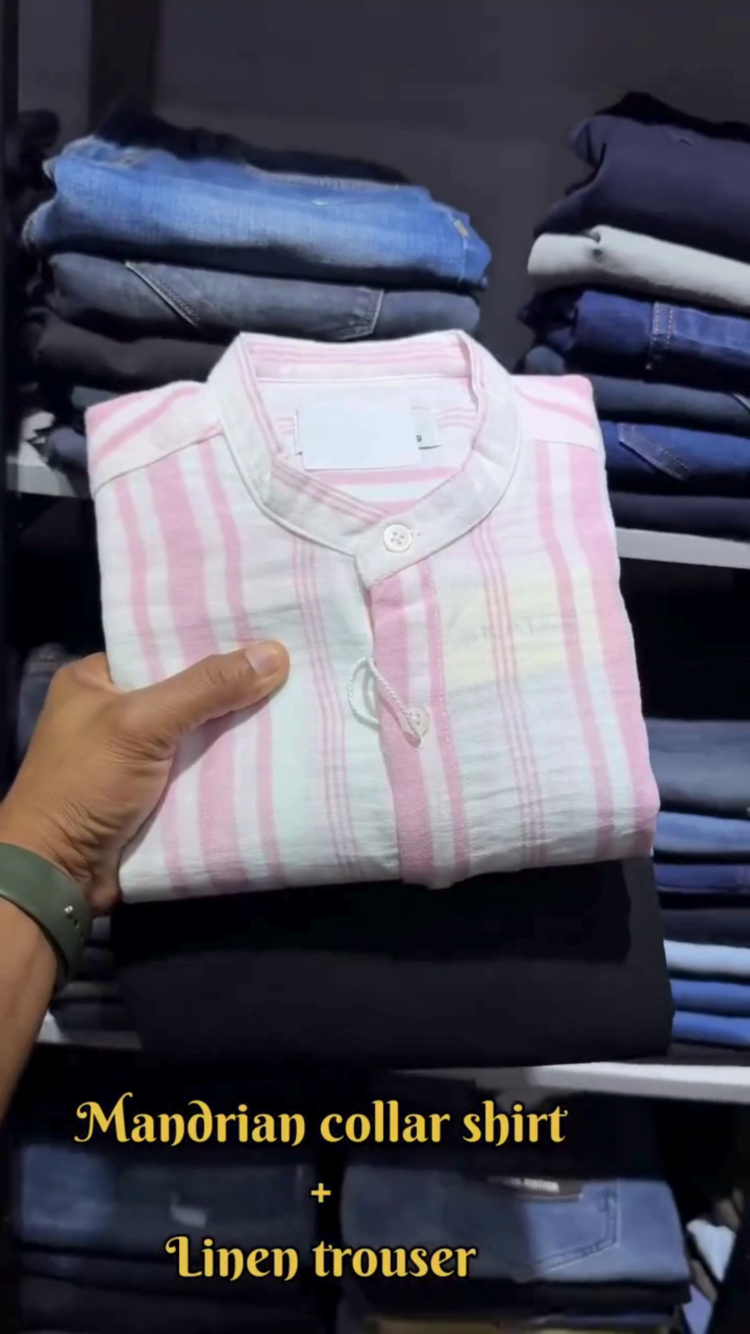 "Mandarin Stripe Harmony Shirt with Ivory Linen Trousers β A Fusion of Tradition & Modern Ease" β€οΈπ€πππ - Image 4