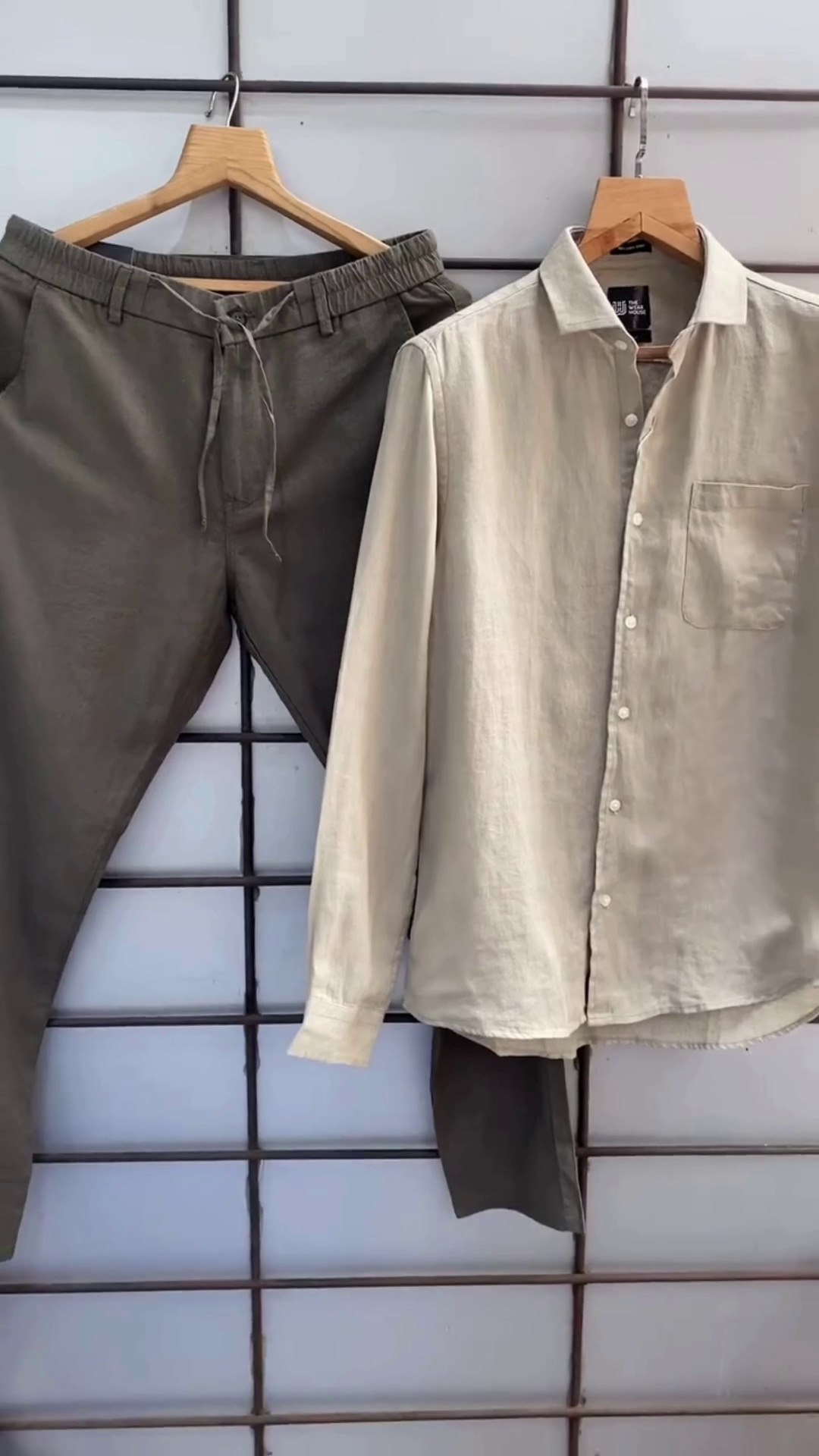 Sage Green Linen Band‑Collar Long‑Sleeve Shirt with Off‑White Drawstring Comfort Trousers Resort Co‑ord Set” 🌿 - Image 3