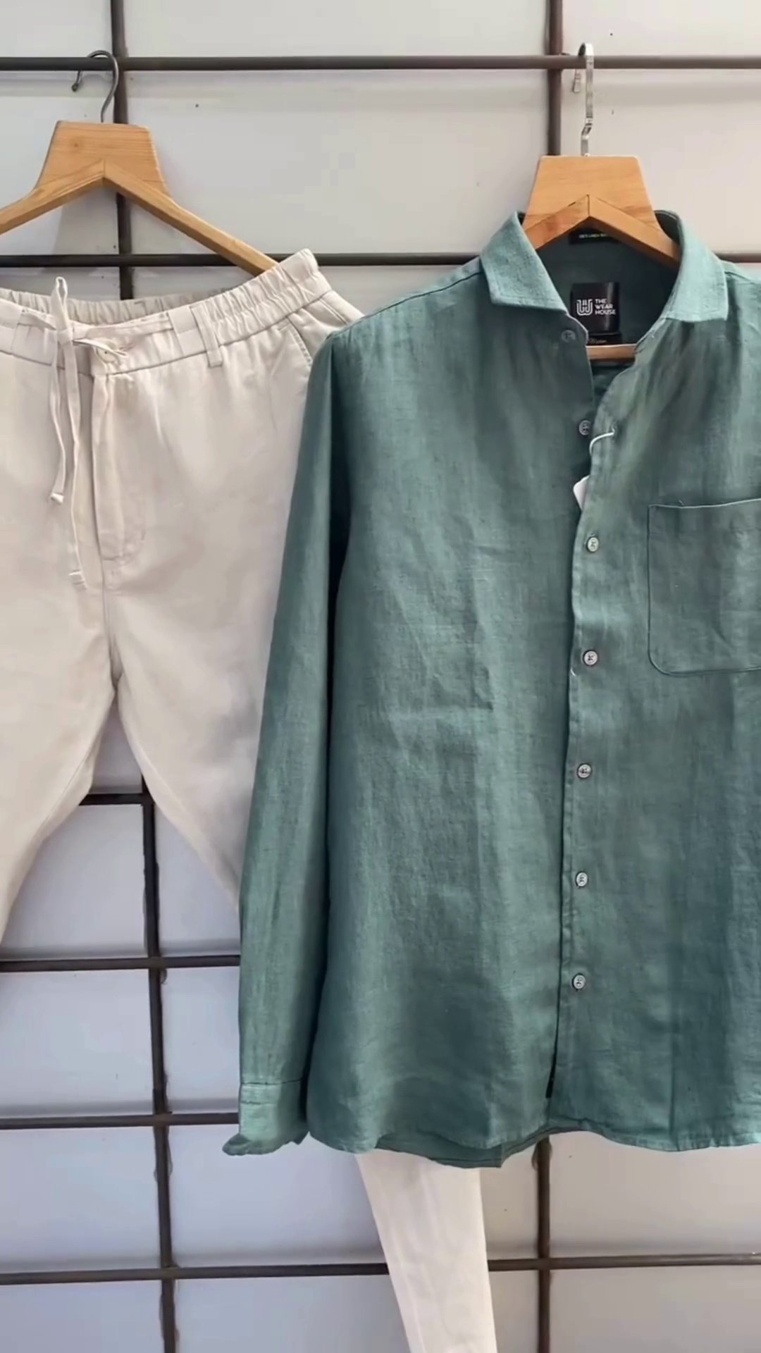 Sage Green Linen Band‑Collar Long‑Sleeve Shirt with Off‑White Drawstring Comfort Trousers Resort Co‑ord Set” 🌿