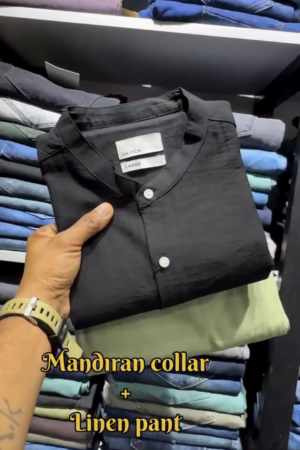 Classic Black Mandarin‑Collar Linen Shirt with Breathable Slim‑Fit Linen Trouser Co‑ord Set for Men” 🖤