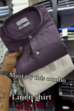 “Plum Mandarin‑Collar Linen Shirt with Off‑White Straight‑Fit Linen Pants Must‑Try Summer Co‑ord Set for Men” 🍇