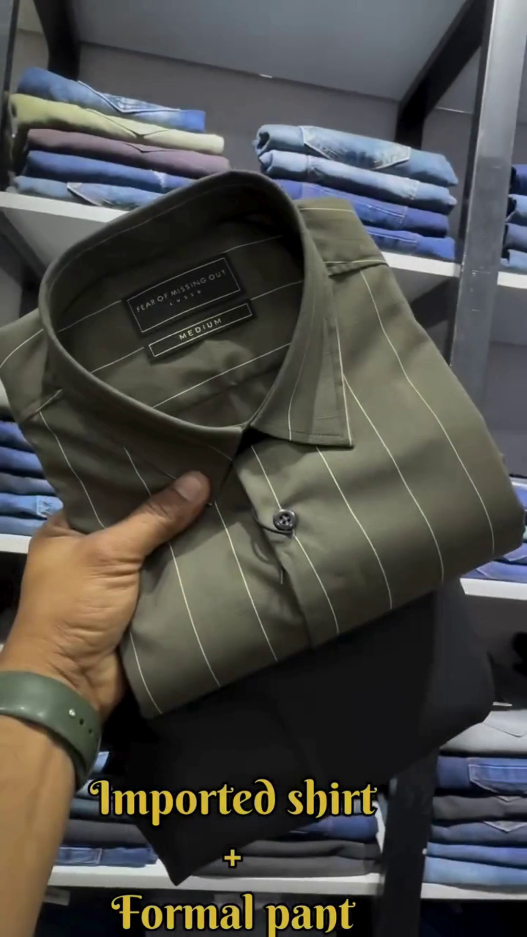 Olive Pinstripe Imported Button‑Down Shirt with Classic Black Slim‑Fit Formal Trouser Set for Office & Events” 🫒