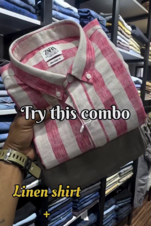 Rose & Ivory Vertical Stripe Linen Relaxed‑Fit Shirt with Charcoal Straight‑Fit Linen Trouser Co‑ord Set for Men” 🌸