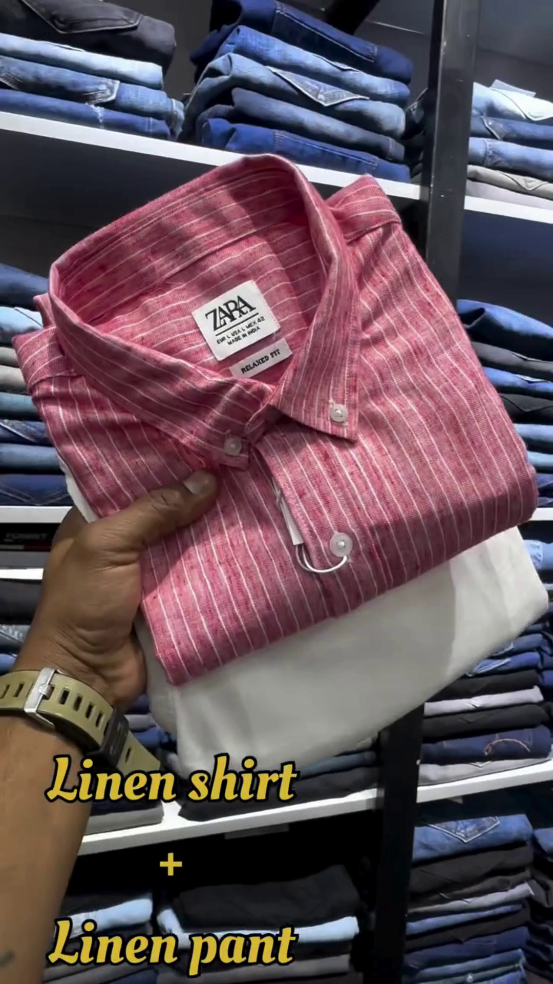 Rose & Ivory Vertical Stripe Linen Relaxed‑Fit Shirt with Charcoal Straight‑Fit Linen Trouser Co‑ord Set for Men” 🌸 - Image 4