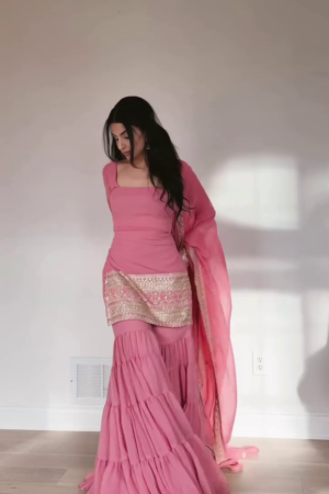 Blush Pink Gotta‑Embroidered Short Kurta with Flared Layered Sharara Pants and Matching Dupatta Festive Suit Set” 🌸