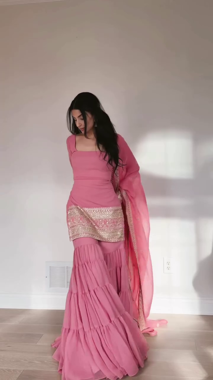Blush Pink Gotta‑Embroidered Short Kurta with Flared Layered Sharara Pants and Matching Dupatta Festive Suit Set” 🌸